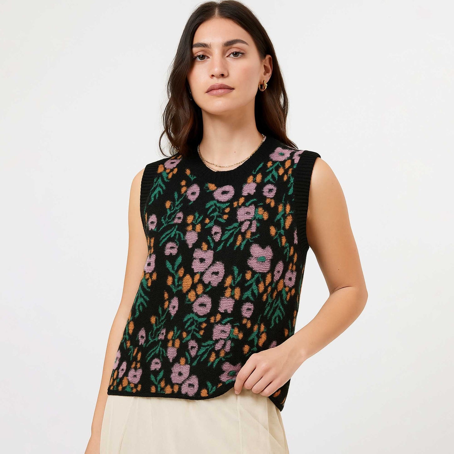 Woman Floral Knit Sleeveless Vest – 40% Acrylic Blend, Casual Fit Cherie Code