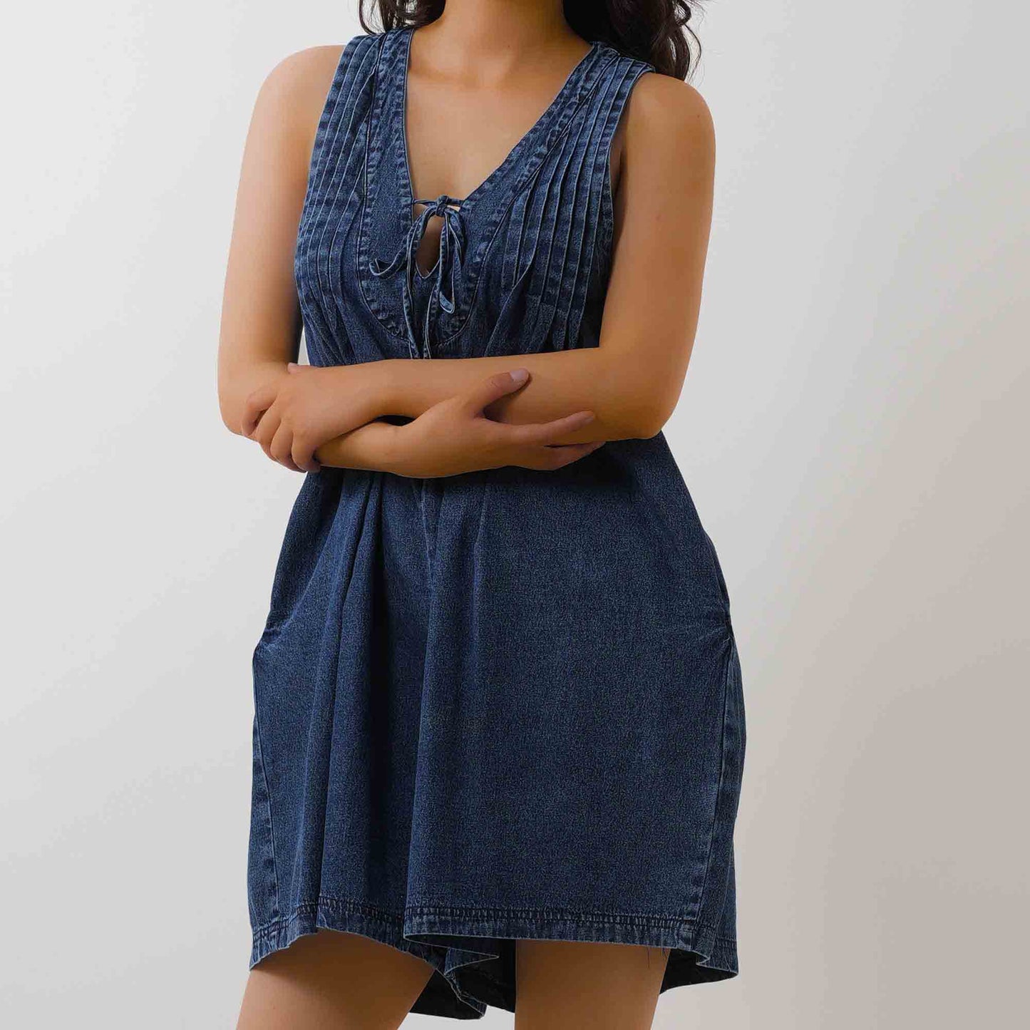 Women's Denim Romper - Sleeveless V-Neck Jumpsuit with Tie Front & Pockets Cherie Code
