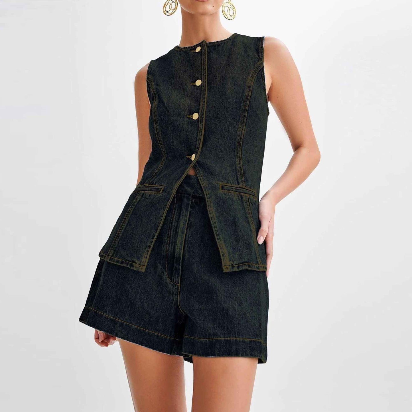 Women's Denim Shorts Set - High Waist Casual Outfit Sleeveless Top with Shorts Cherie Code