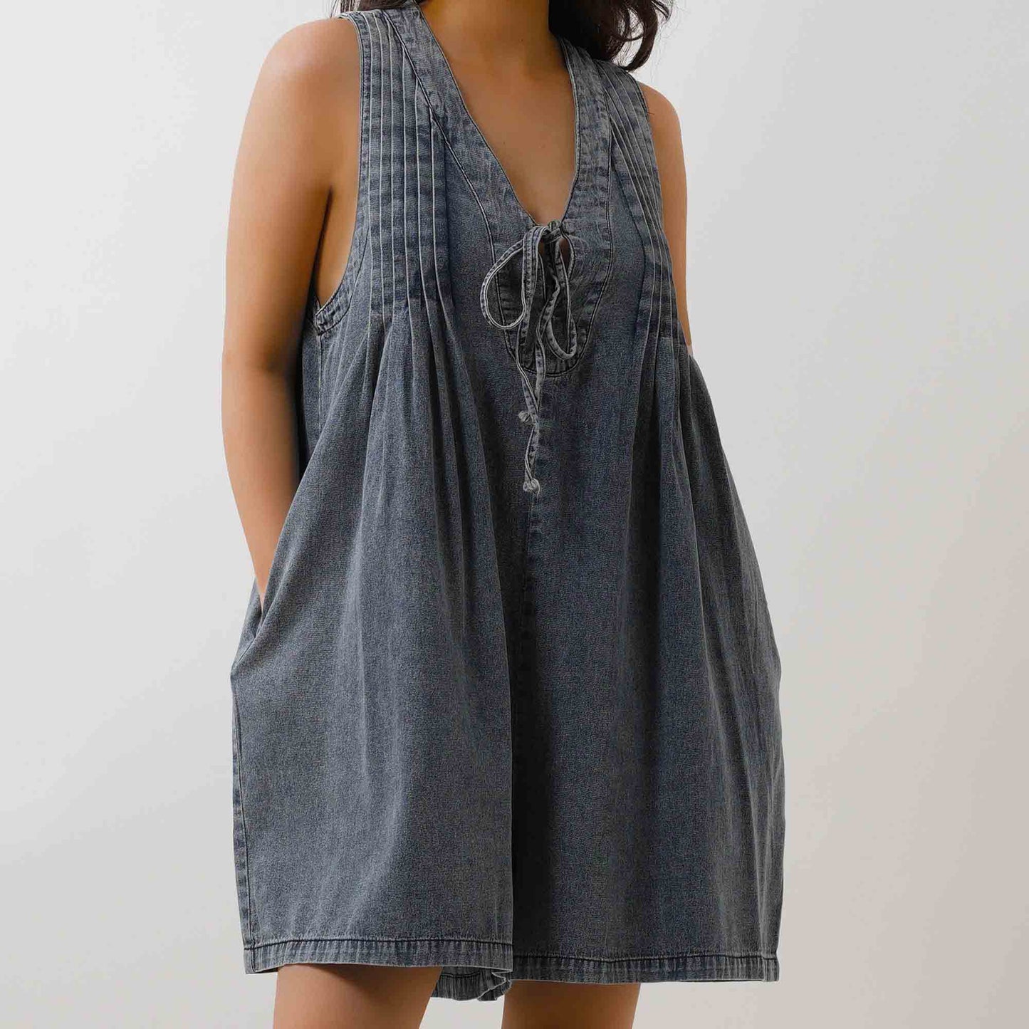 Women's Denim Romper - Sleeveless V-Neck Jumpsuit with Tie Front & Pockets Cherie Code