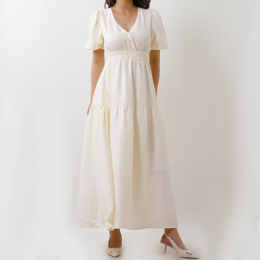 Women's V-Neck Midi Dress - Short Bubble Sleeves & Elastic Waist Casual Dress Cherie Code