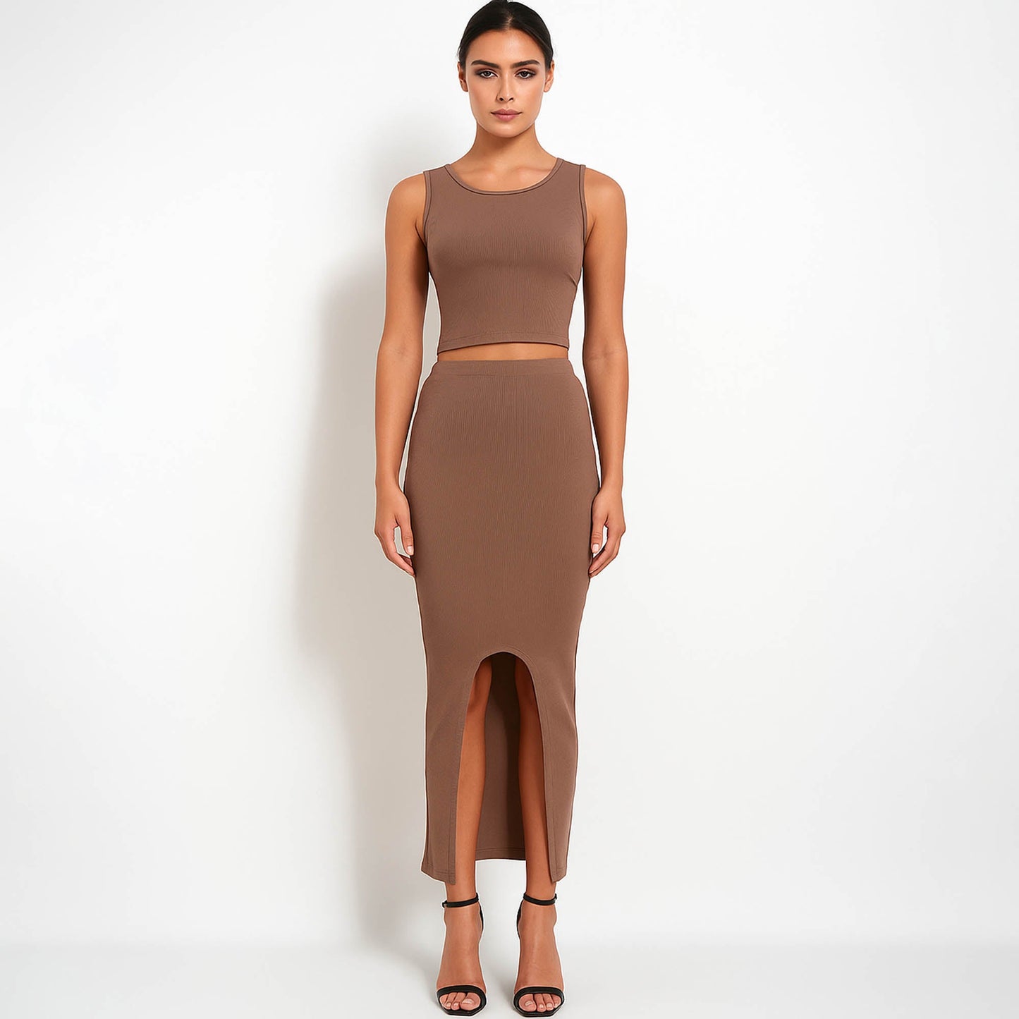 Woman Stretch Viscose Slim Fit Skirt Set - Sleeveless Crop Top 2PCS Outfit Cherie Code