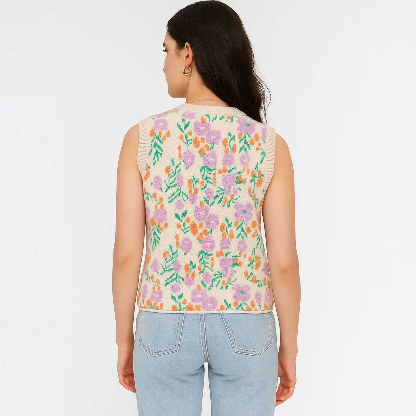 Woman Floral Knit Sleeveless Vest – 40% Acrylic Blend, Casual Fit Cherie Code