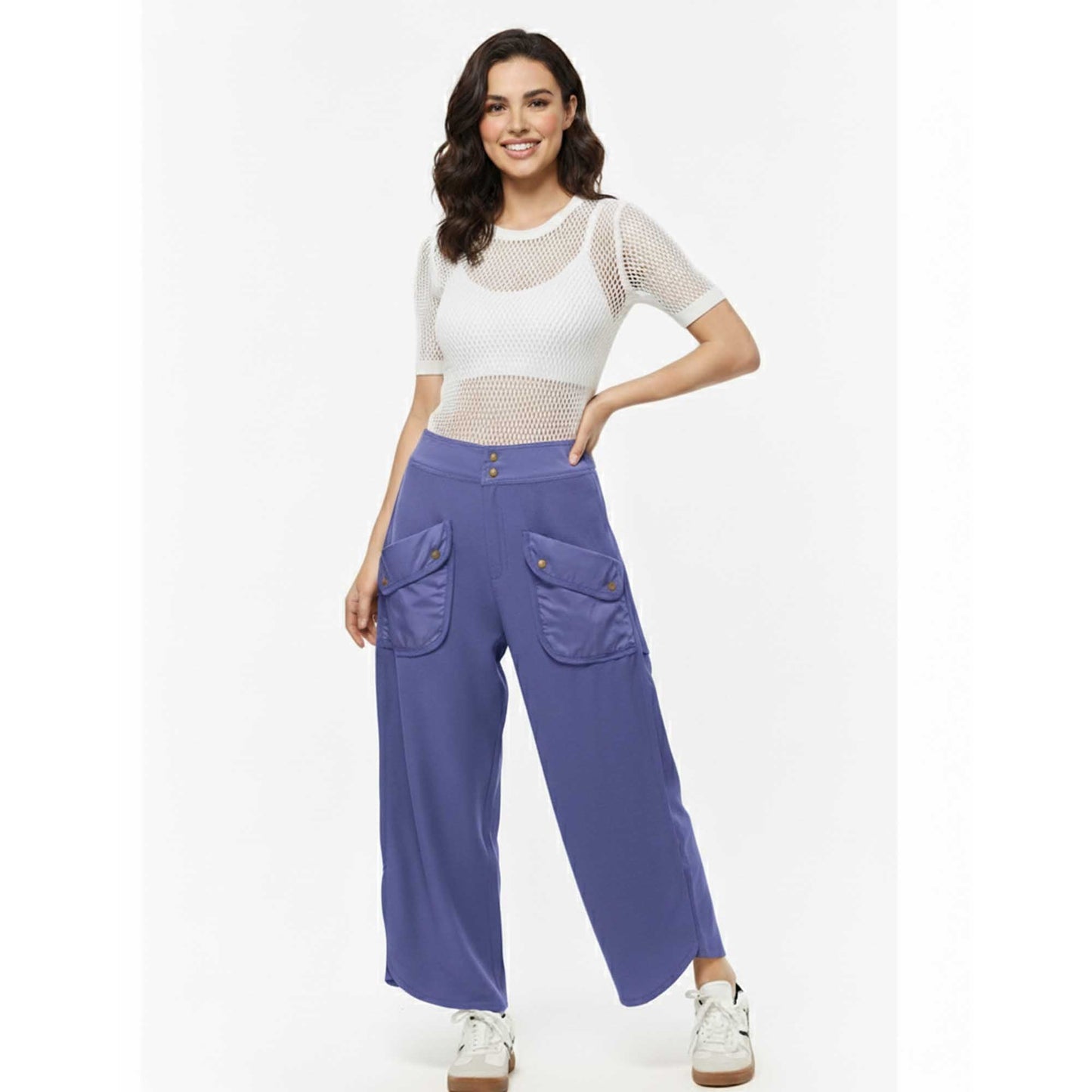 Cherie Code Women's Wide Leg Cargo Pants with Patched Flap Pockets - Mid Rise Casual Trousers