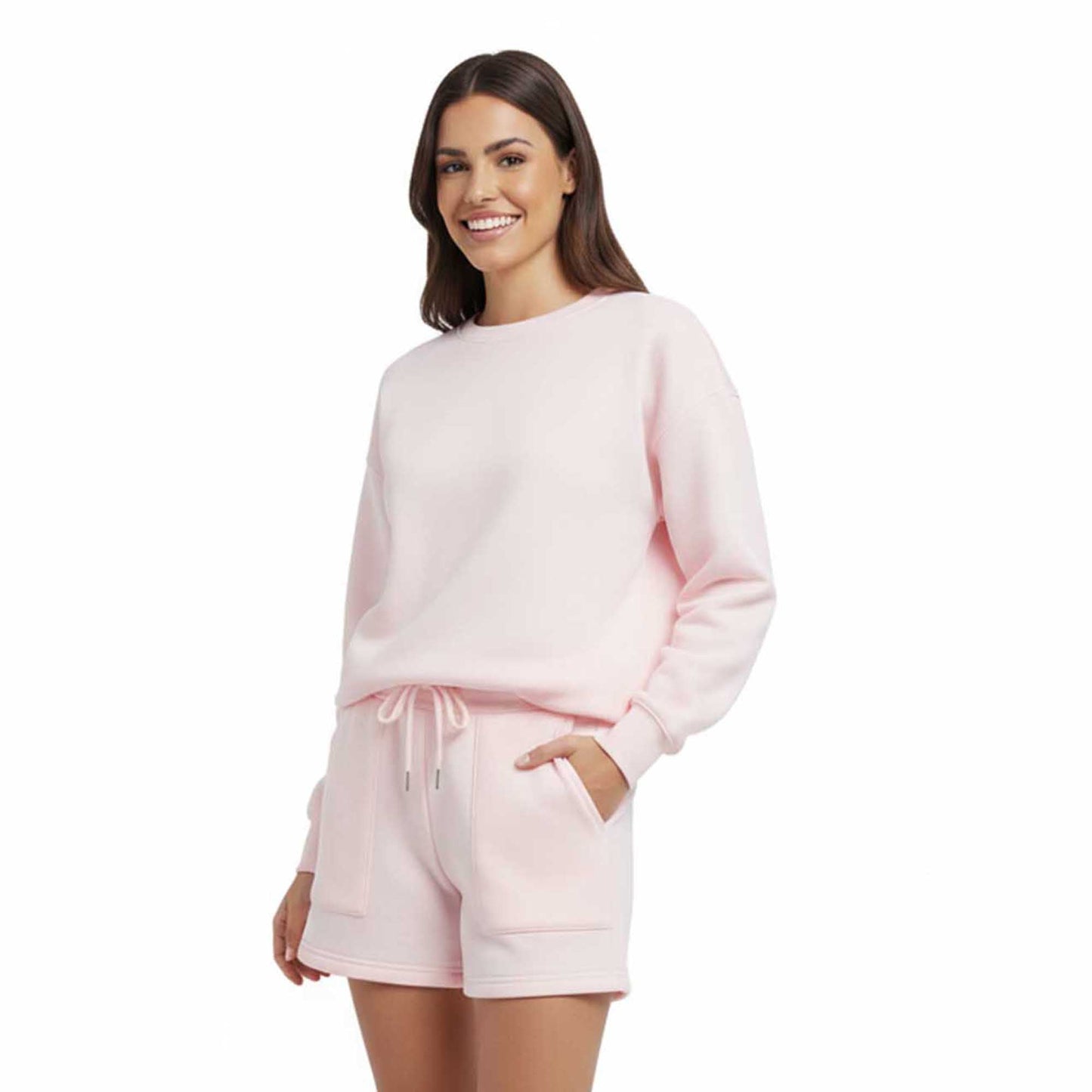 Cherie Code Women's Green Long Sleeve Cotton Sweatshirt and Shorts Set – Casual Fit with Elastic Waist and Pockets