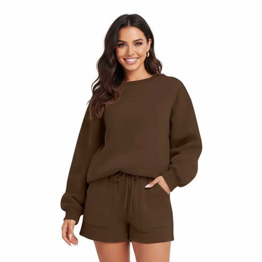 Cherie Code Women's Green Long Sleeve Cotton Sweatshirt and Shorts Set – Casual Fit with Elastic Waist and Pockets
