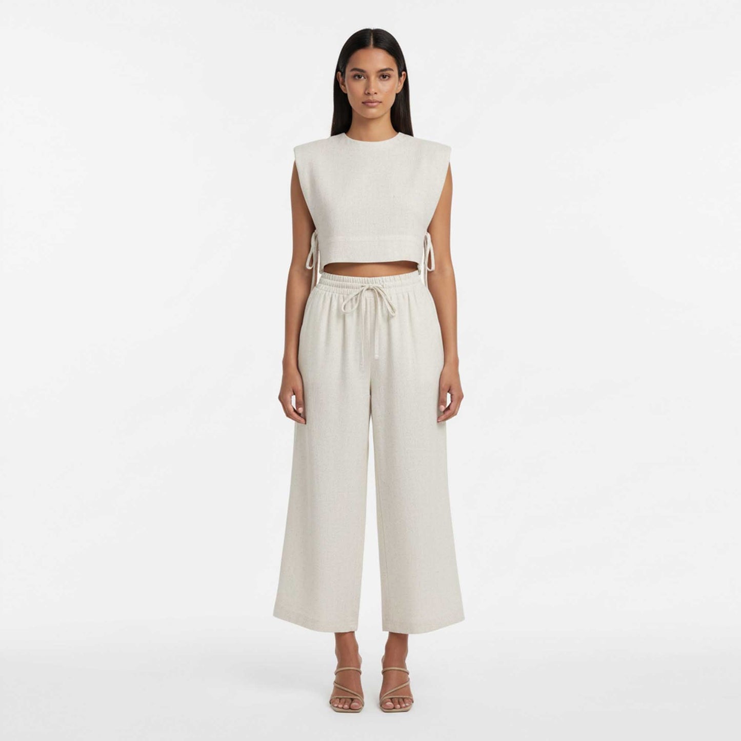 Women Khaki Linen-Cotton Sleeveless Slim Fit Set – Stretch Two-Piece Outfit Cherie Code