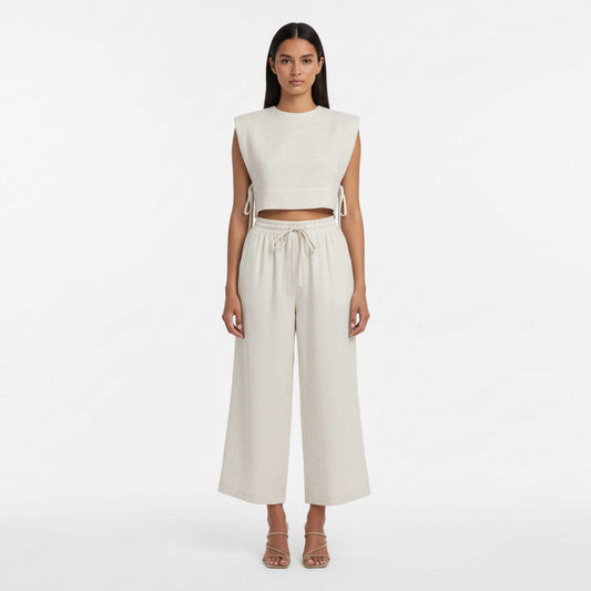 Women Khaki Linen-Cotton Sleeveless Slim Fit Set – Stretch Two-Piece Outfit Cherie Code
