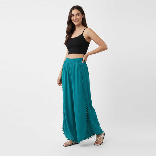 Cherie Code Women's Cotton Wide Leg Pants with Side Split and Pom Trim – Casual Fit