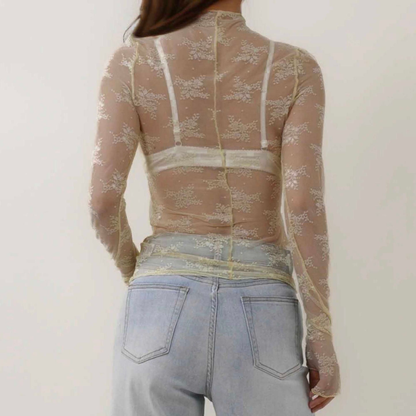 Women's Floral Lace Slim-Fit Top – Sheer Stretch Tee with Baby Overlock Edge Cherie Code