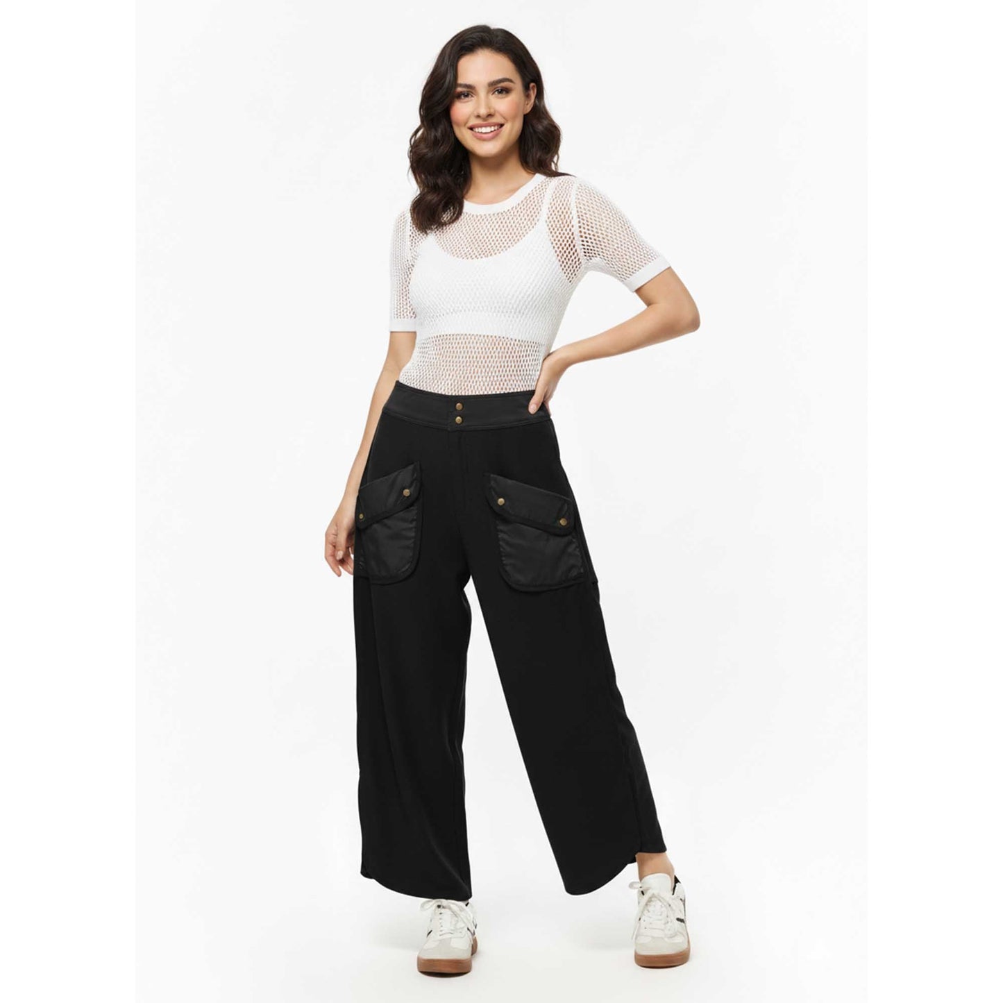 Cherie Code Women's Wide Leg Cargo Pants with Patched Flap Pockets - Mid Rise Casual Trousers