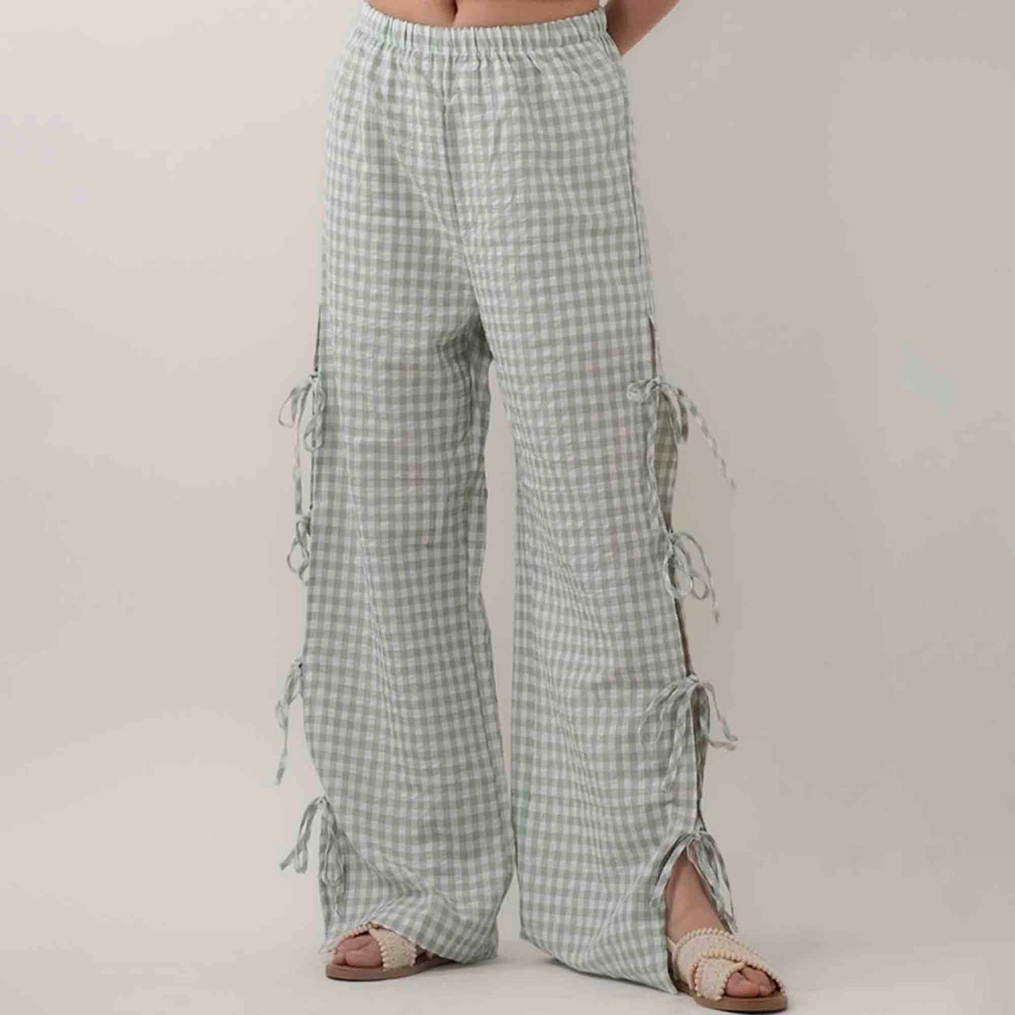 Women Everyday Checked Elastic Waist Side Strape Bowtie Casual Loungewear Pants Cherie Code