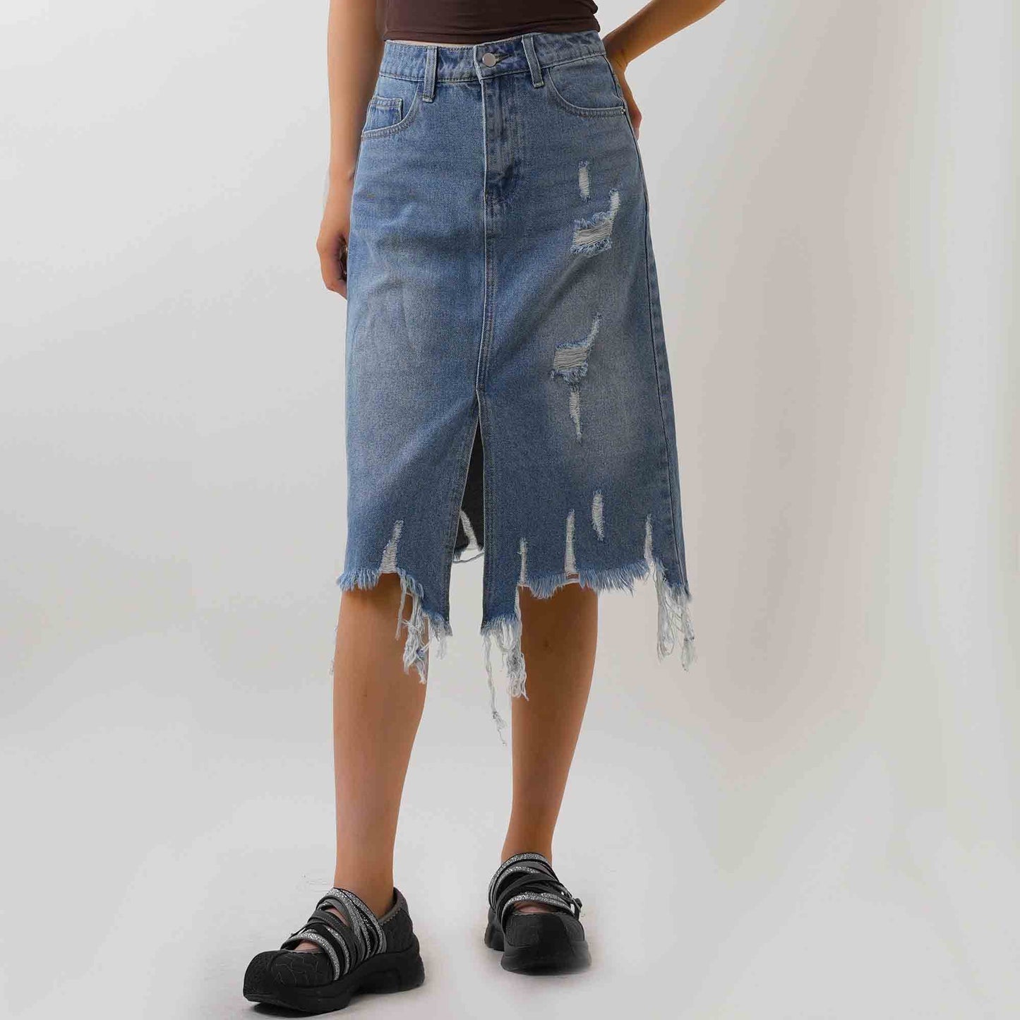 Women's Classic Distressed Denim Midi Skirt - Button & Zip Closure with Functional Pockets Cherie Code