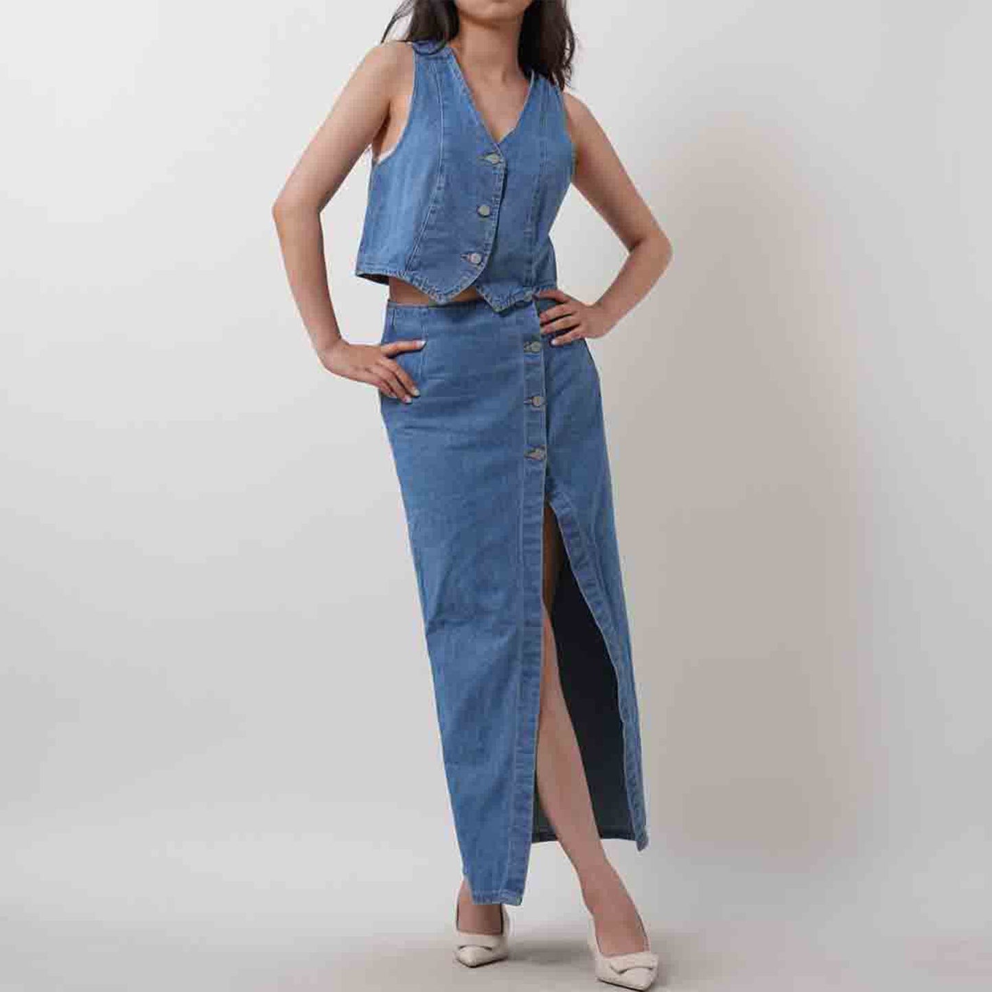Breathable Denim Vest & Split Hem Skirt Set - Sleeveless with Button Front & Casual Fit Cherie Code