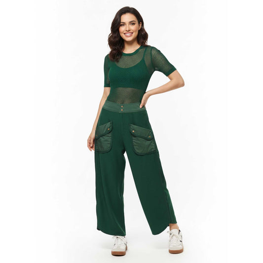 Cherie Code Women's Wide Leg Cargo Pants with Patched Flap Pockets - Mid Rise Casual Trousers