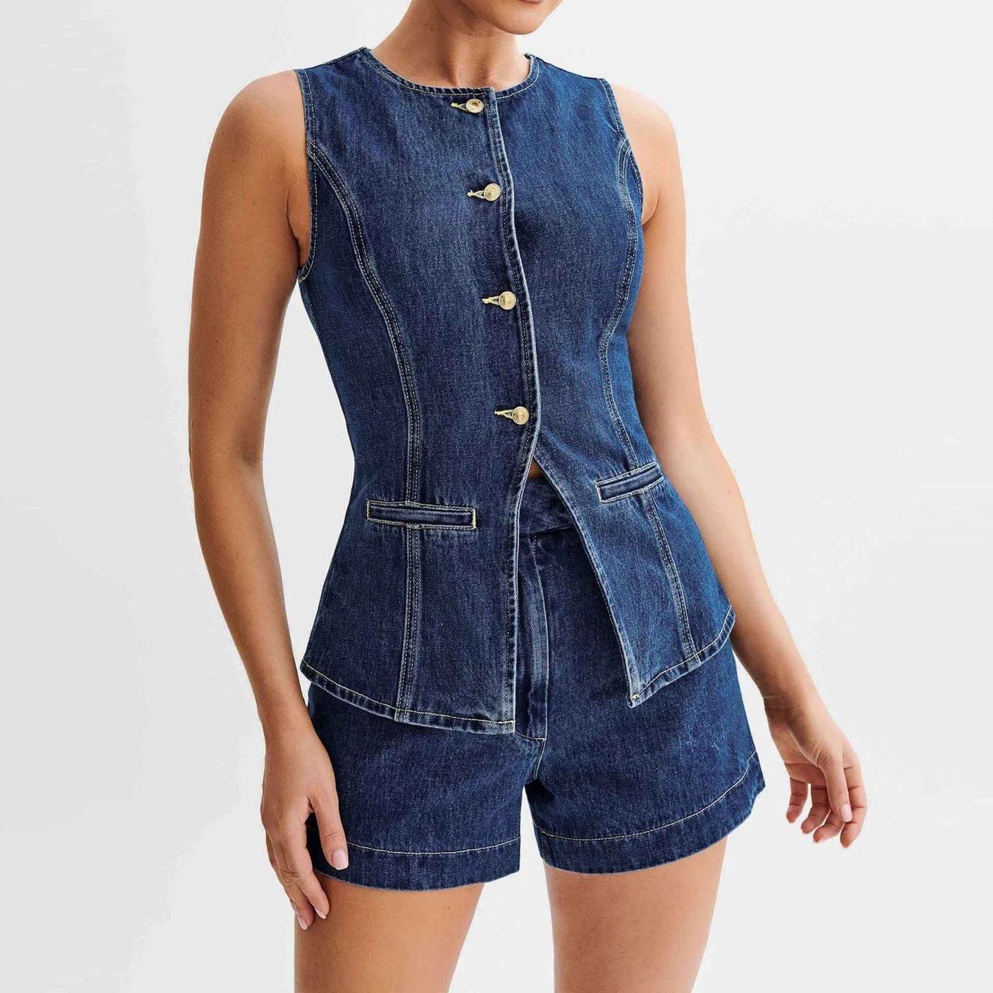 Women's Denim Shorts Set - High Waist Casual Outfit Sleeveless Top with Shorts Cherie Code