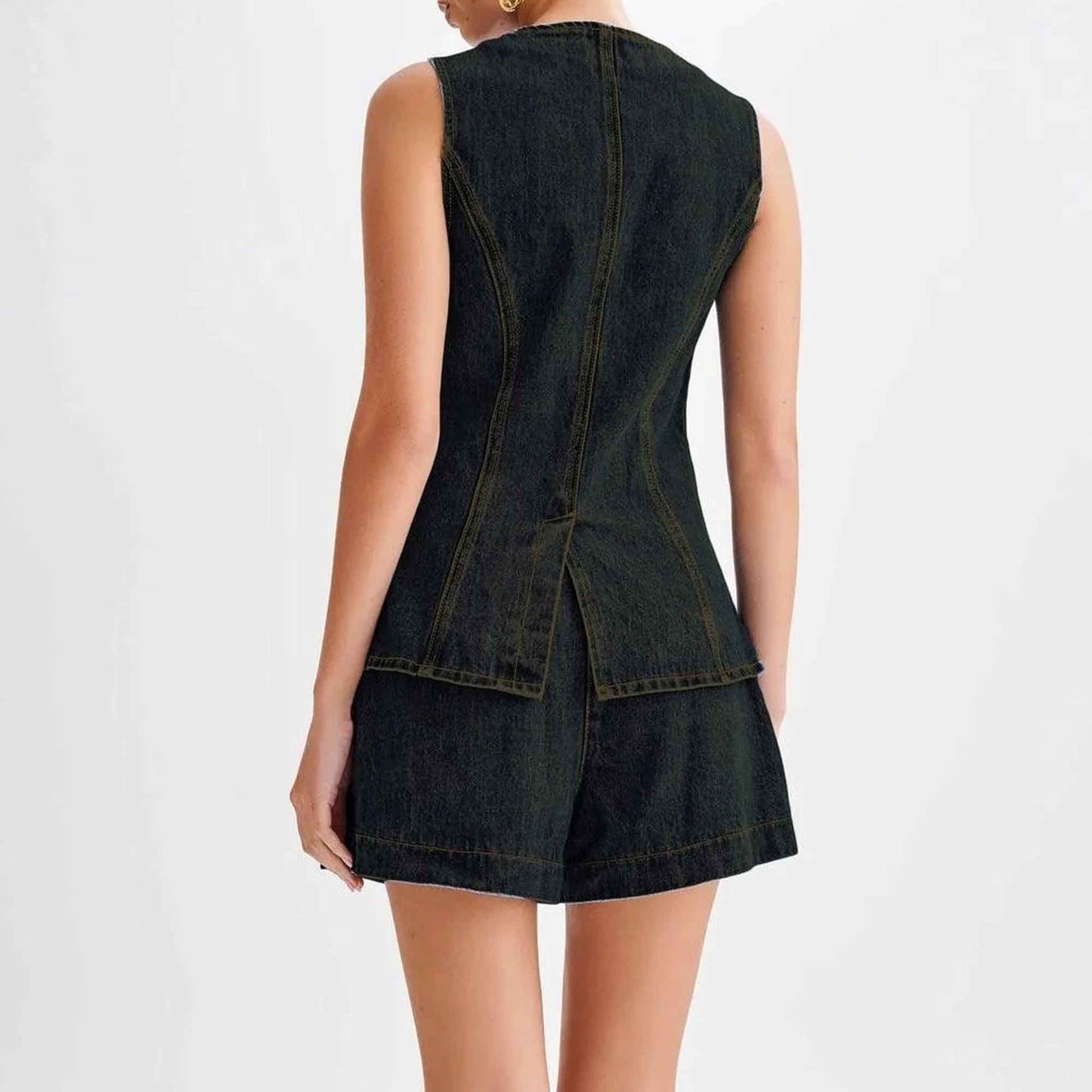 Women's Denim Shorts Set - High Waist Casual Outfit Sleeveless Top with Shorts Cherie Code
