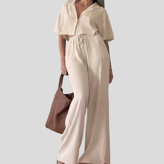 Women Set with Button-Down Top & Elastic Waist – Short Sleeve, Wide Leg, Polyester-Cotton Blend Cherie Code