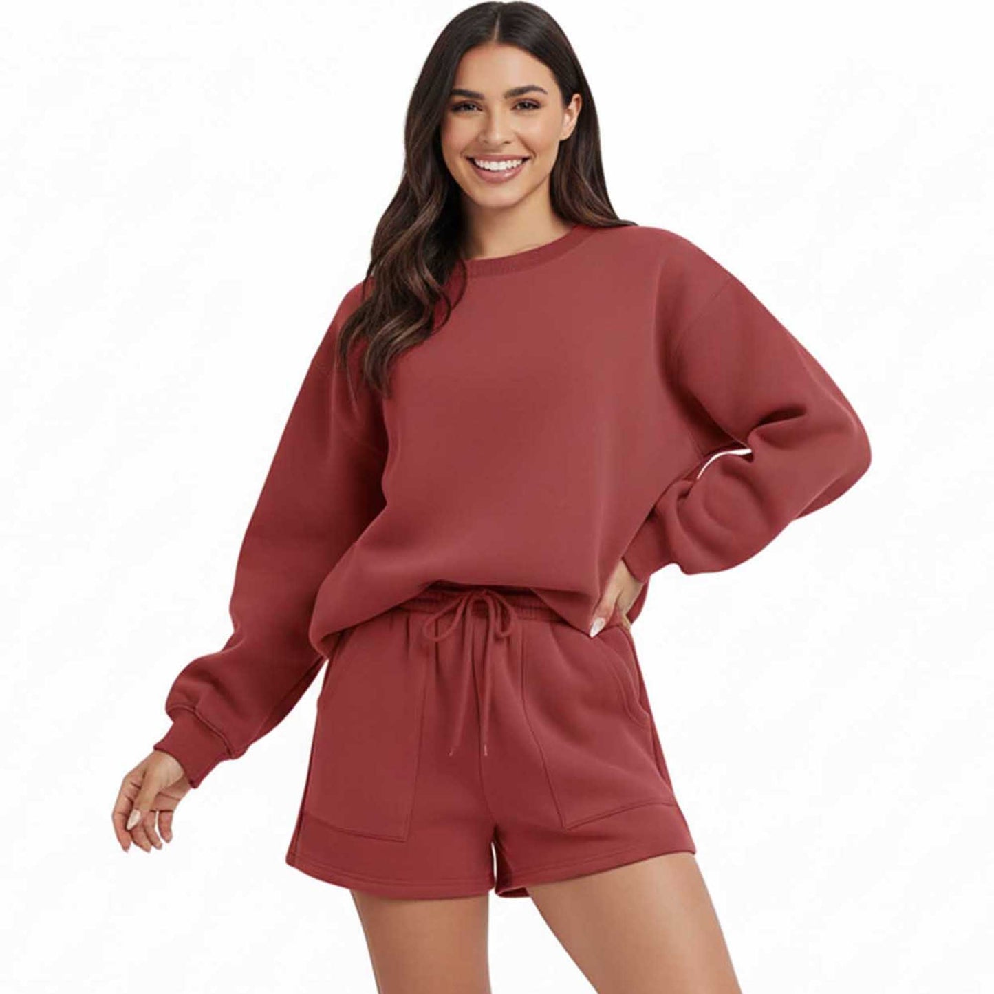 Cherie Code Women's Green Long Sleeve Cotton Sweatshirt and Shorts Set – Casual Fit with Elastic Waist and Pockets
