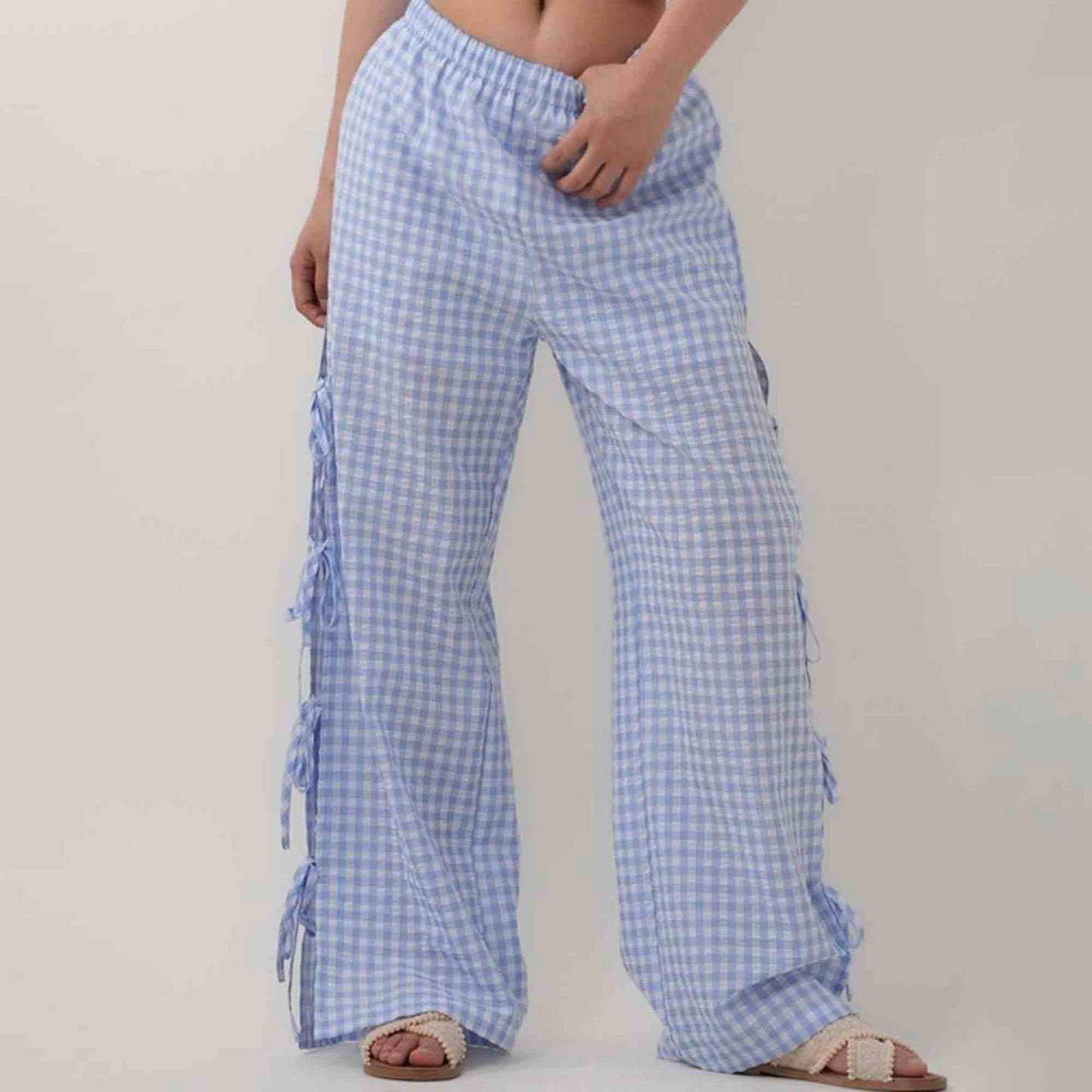 Women Everyday Checked Elastic Waist Side Strape Bowtie Casual Loungewear Pants Cherie Code