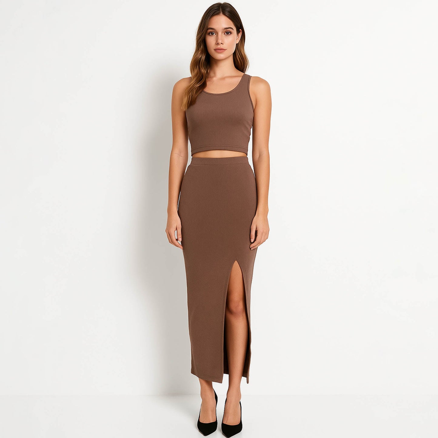 Woman Stretch Viscose Slim Fit Skirt Set - Sleeveless Crop Top 2PCS Outfit Cherie Code