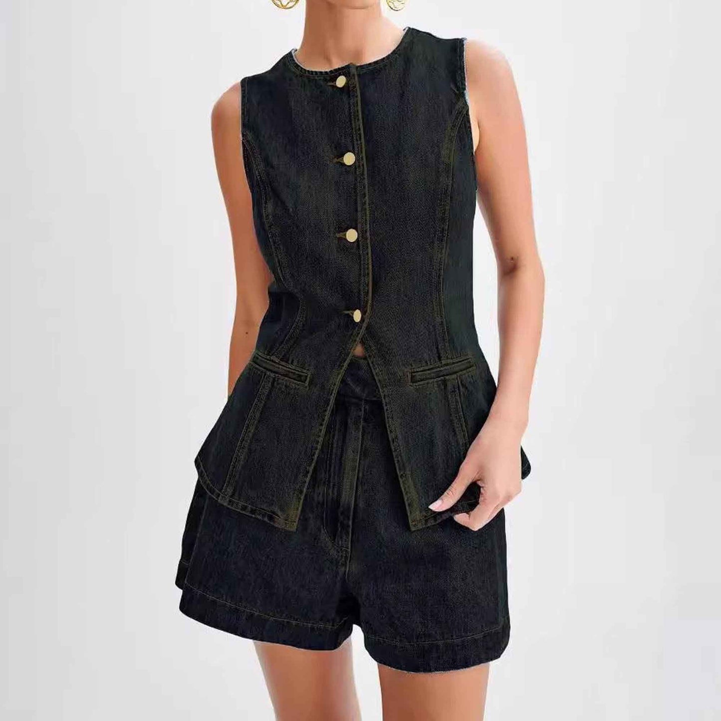 Women's Denim Shorts Set - High Waist Casual Outfit Sleeveless Top with Shorts Cherie Code