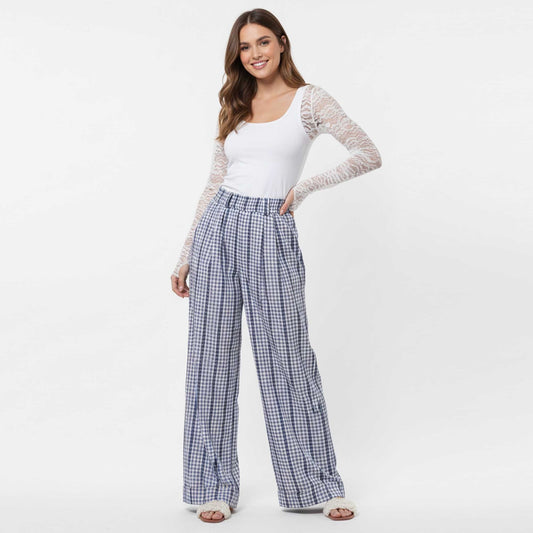 Cherie Code Women's Wide Leg Checkered Pants - Casual Cotton Blend Trousers with Elastic Waist and Pockets