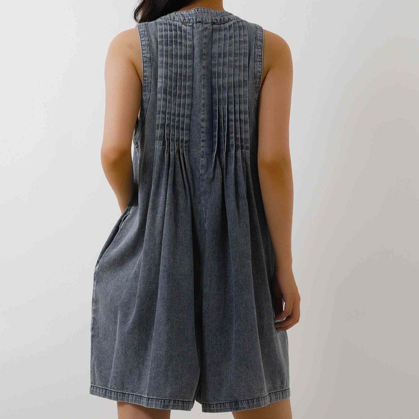 Women's Denim Romper - Sleeveless V-Neck Jumpsuit with Tie Front & Pockets Cherie Code