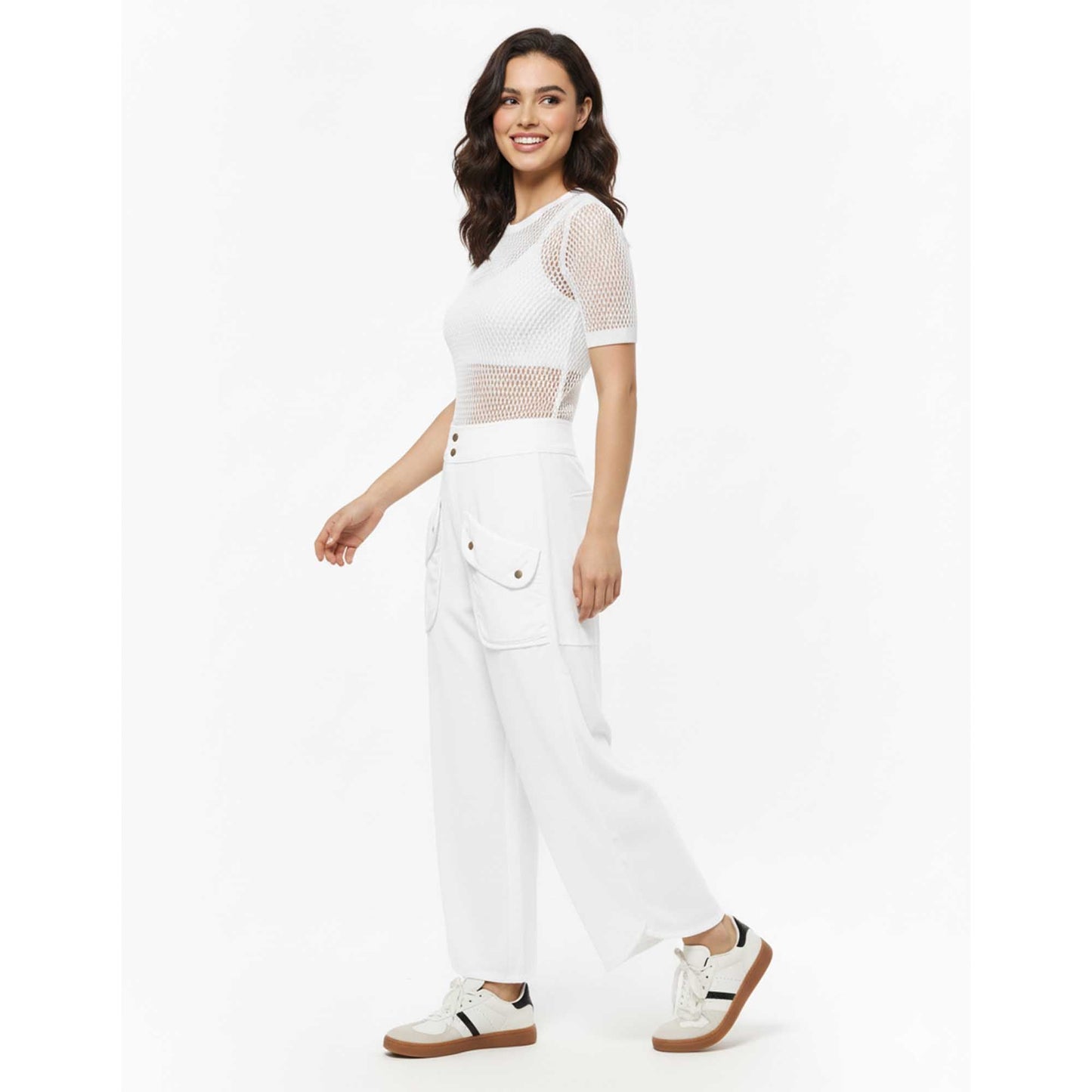 Cherie Code Women's Wide Leg Cargo Pants with Patched Flap Pockets - Mid Rise Casual Trousers