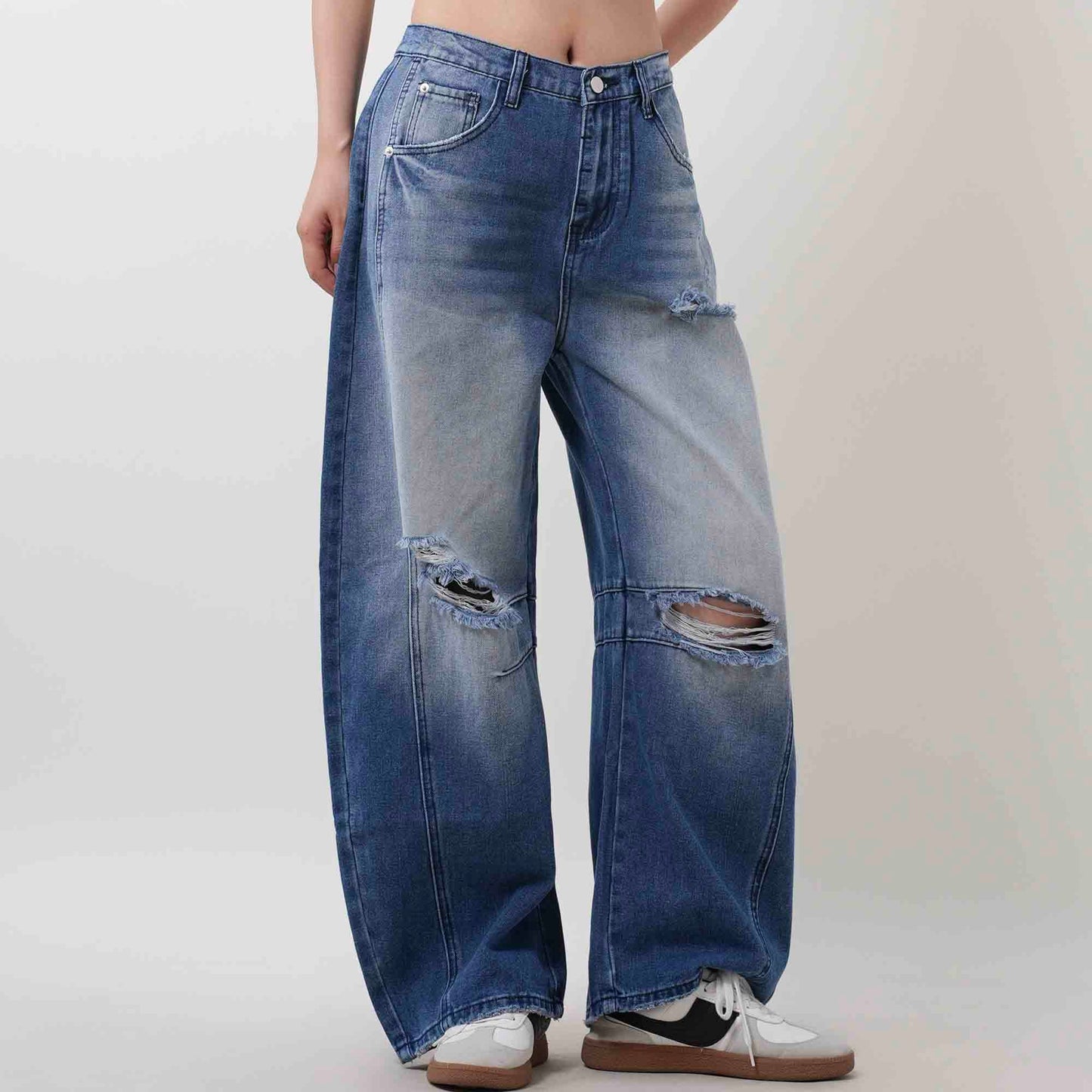 Women's Barrel Leg Baggy Jeans – High Rise Vintage Wash Slouchy Fit Denim by Cherie Code