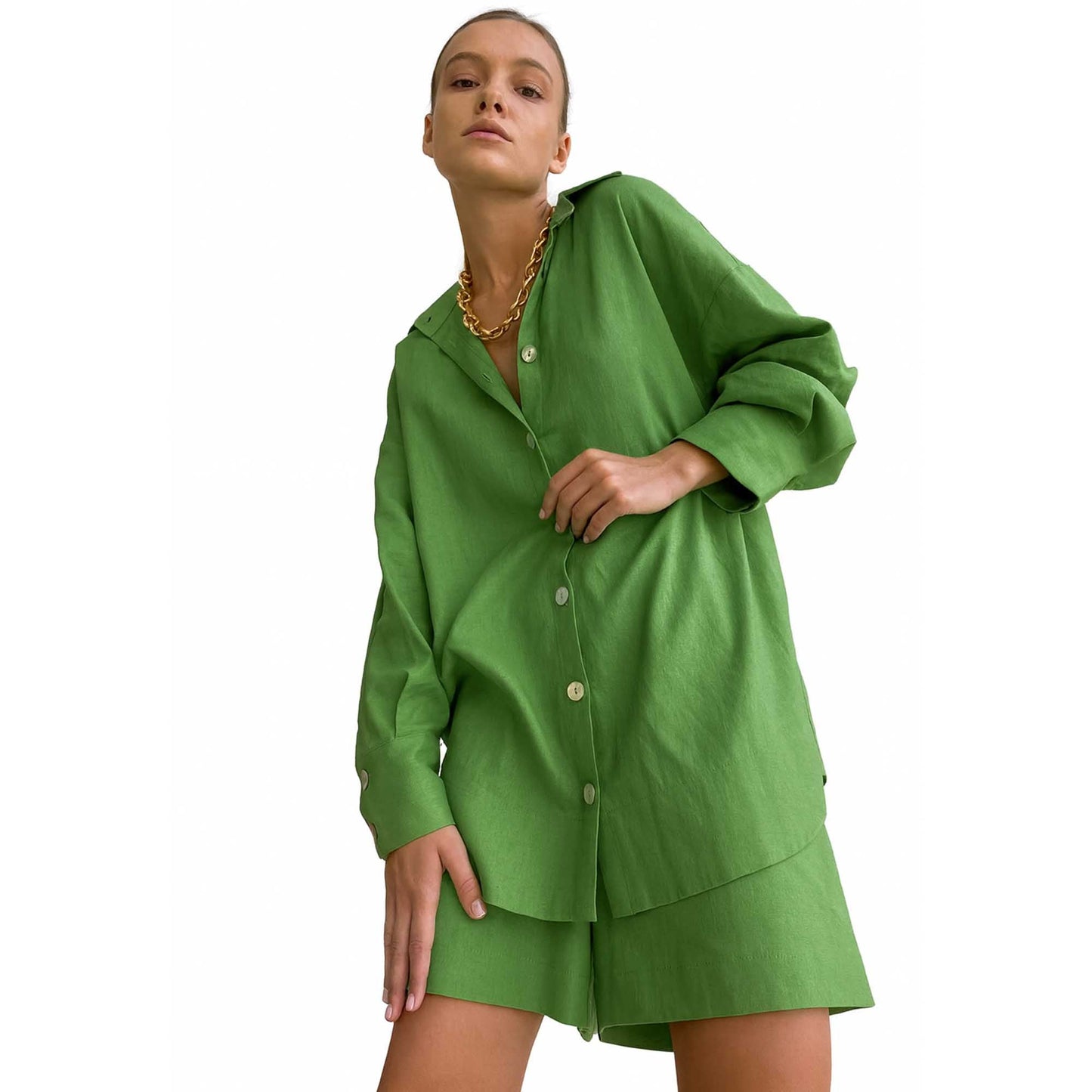 Woman Solid Shorts Set – Slim Fit Long-Sleeve Lapel Shirt & Shorts, Cotton Lined Cherie Code