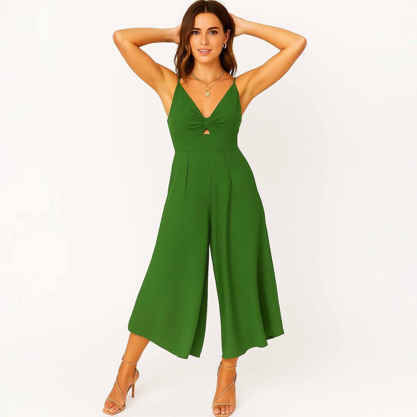 Woman V-Neck Cutout Wide-Leg Jumpsuit – 100% Cotton Casual High Waist Cherie Code