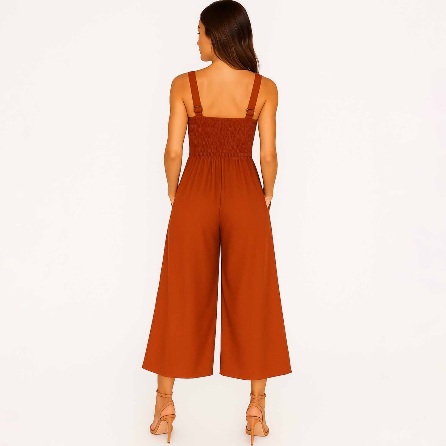 Woman V-Neck Cutout Wide-Leg Jumpsuit – 100% Cotton Casual High Waist Cherie Code