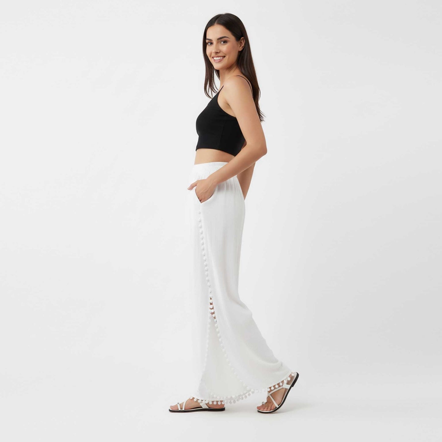 Cherie Code Women's Cotton Wide Leg Pants with Side Split and Pom Trim – Casual Fit