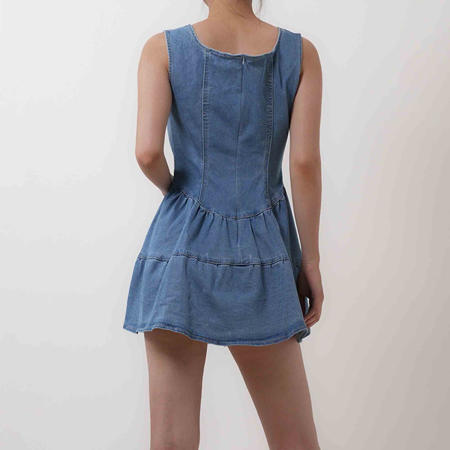 Casual Denim Blue Mini Dress - Strappy Sleeveless with Silver Button Details Cherie Code