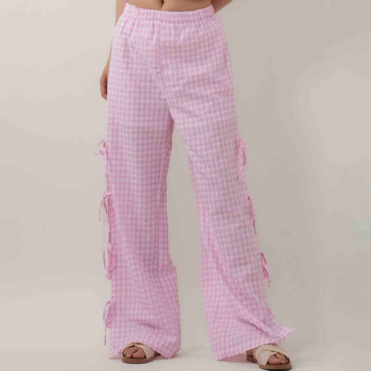 Women Everyday Checked Elastic Waist Side Strape Bowtie Casual Loungewear Pants Cherie Code