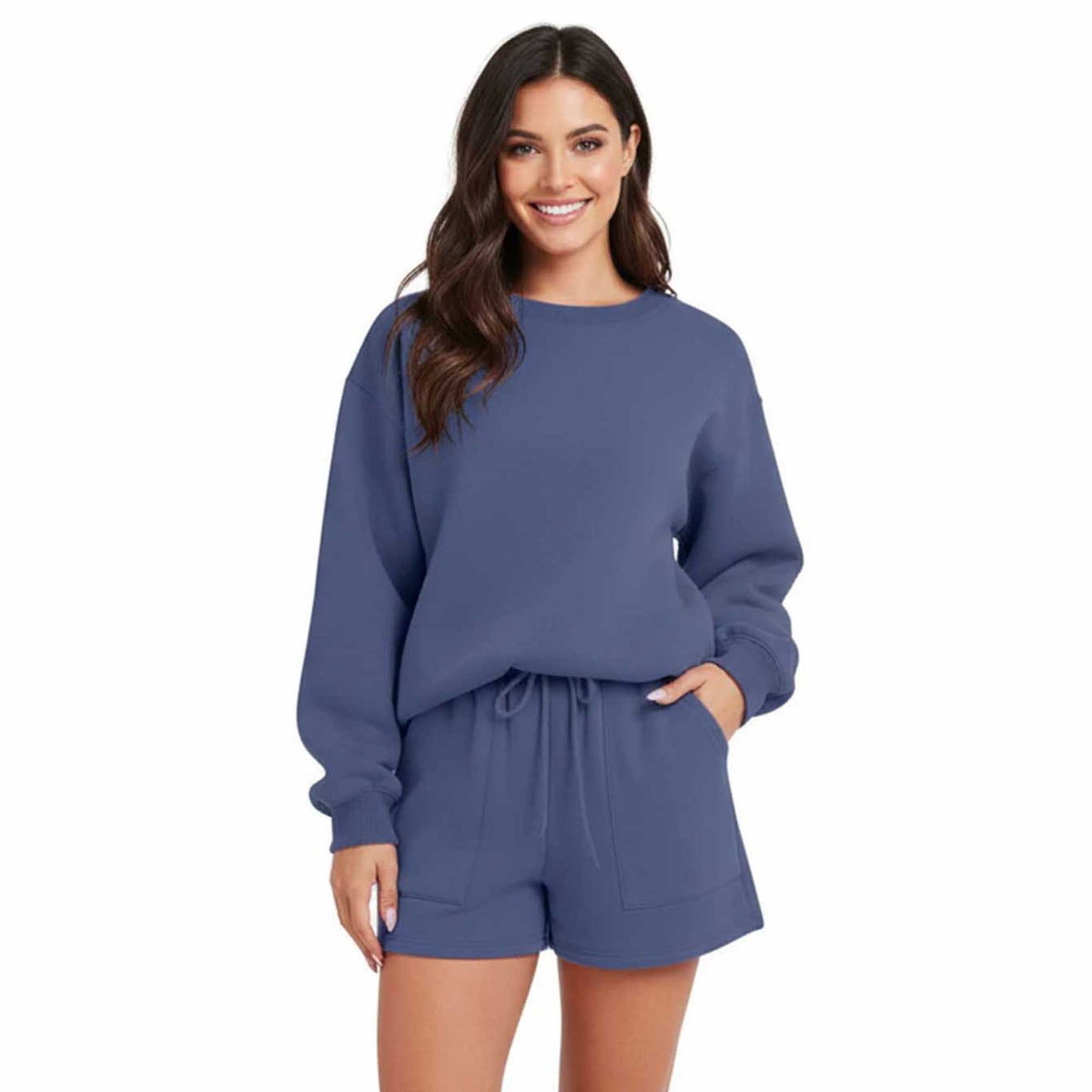 Cherie Code Women's Green Long Sleeve Cotton Sweatshirt and Shorts Set – Casual Fit with Elastic Waist and Pockets