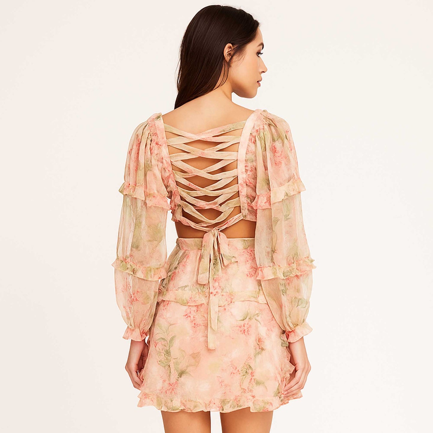 Women's Floral Chiffon V-Neck Ruffle Mini Dress – Romantic Long Sleeve Dress for Spring by Cherie Code
