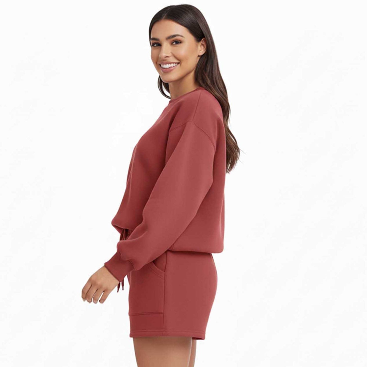 Cherie Code Women's Green Long Sleeve Cotton Sweatshirt and Shorts Set – Casual Fit with Elastic Waist and Pockets
