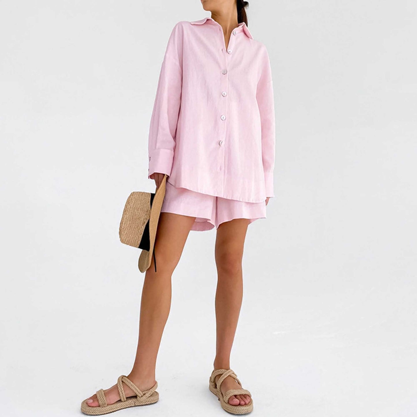 Woman Solid Shorts Set – Slim Fit Long-Sleeve Lapel Shirt & Shorts, Cotton Lined Cherie Code
