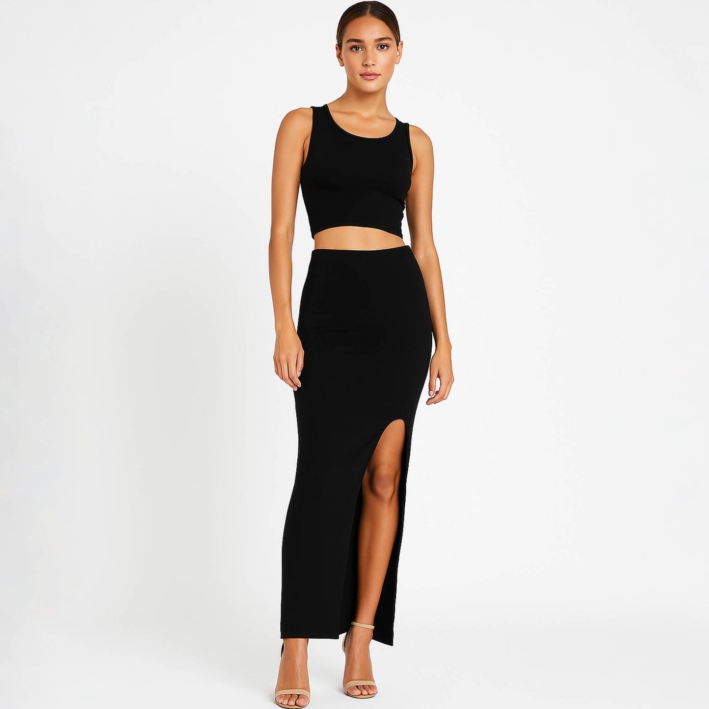 Woman Stretch Viscose Slim Fit Skirt Set - Sleeveless Crop Top 2PCS Outfit Cherie Code