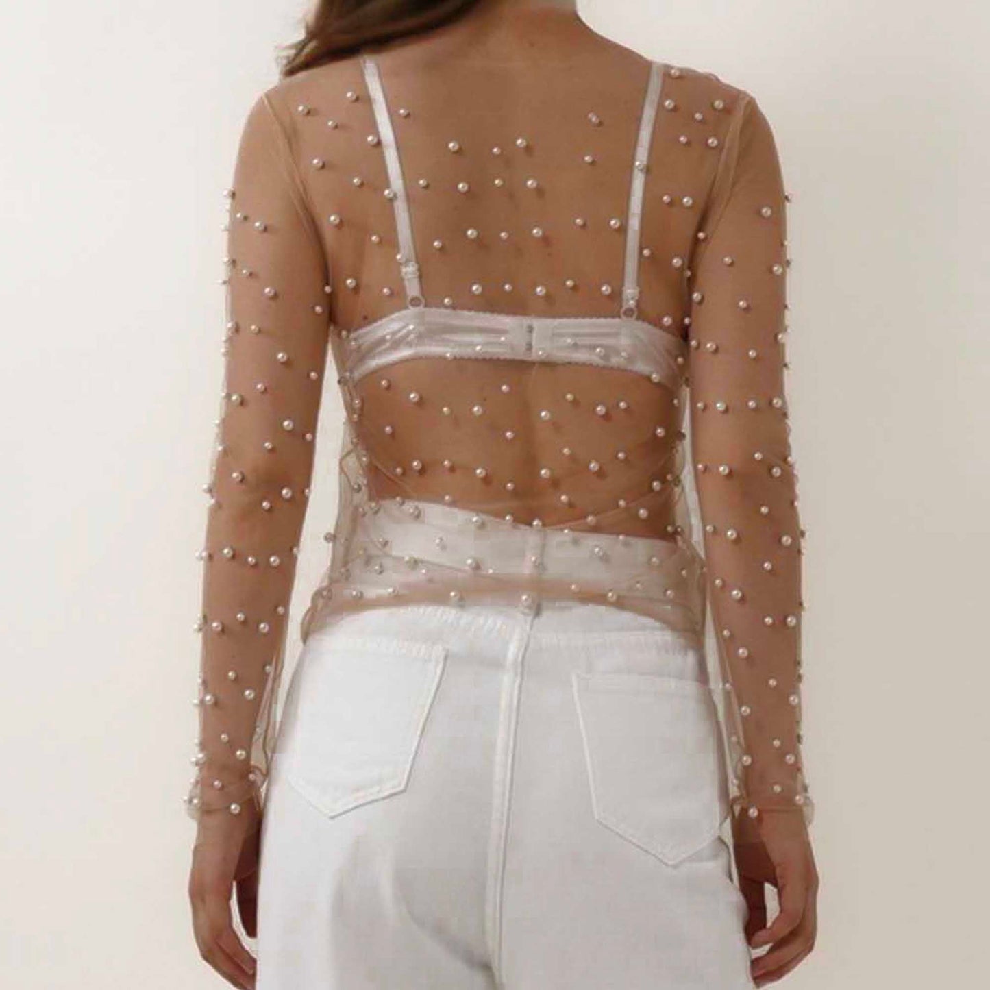 Chic Long Sleeve Sheer Top with Pearl Details - Non-Stretch Polyamide Layering Essential Cherie Code