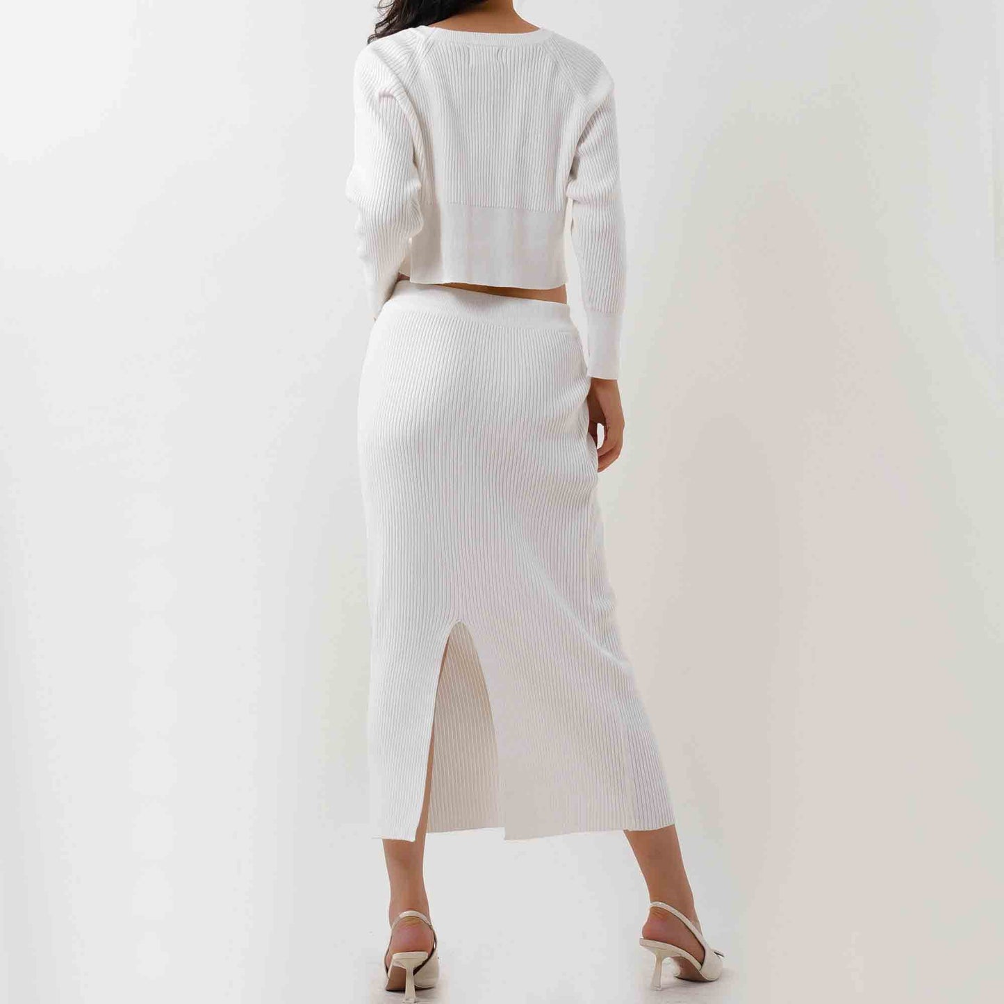 Women's Sweater Set - Stretch Knit Top & Back-Slit Midi Skirt Matching Set Cherie Code