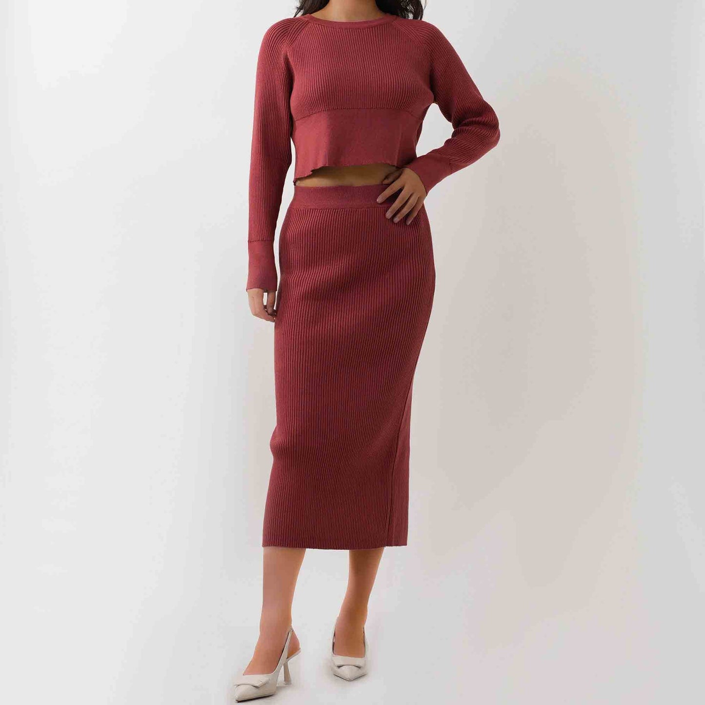 Women's Sweater Set - Stretch Knit Top & Back-Slit Midi Skirt Matching Set Cherie Code