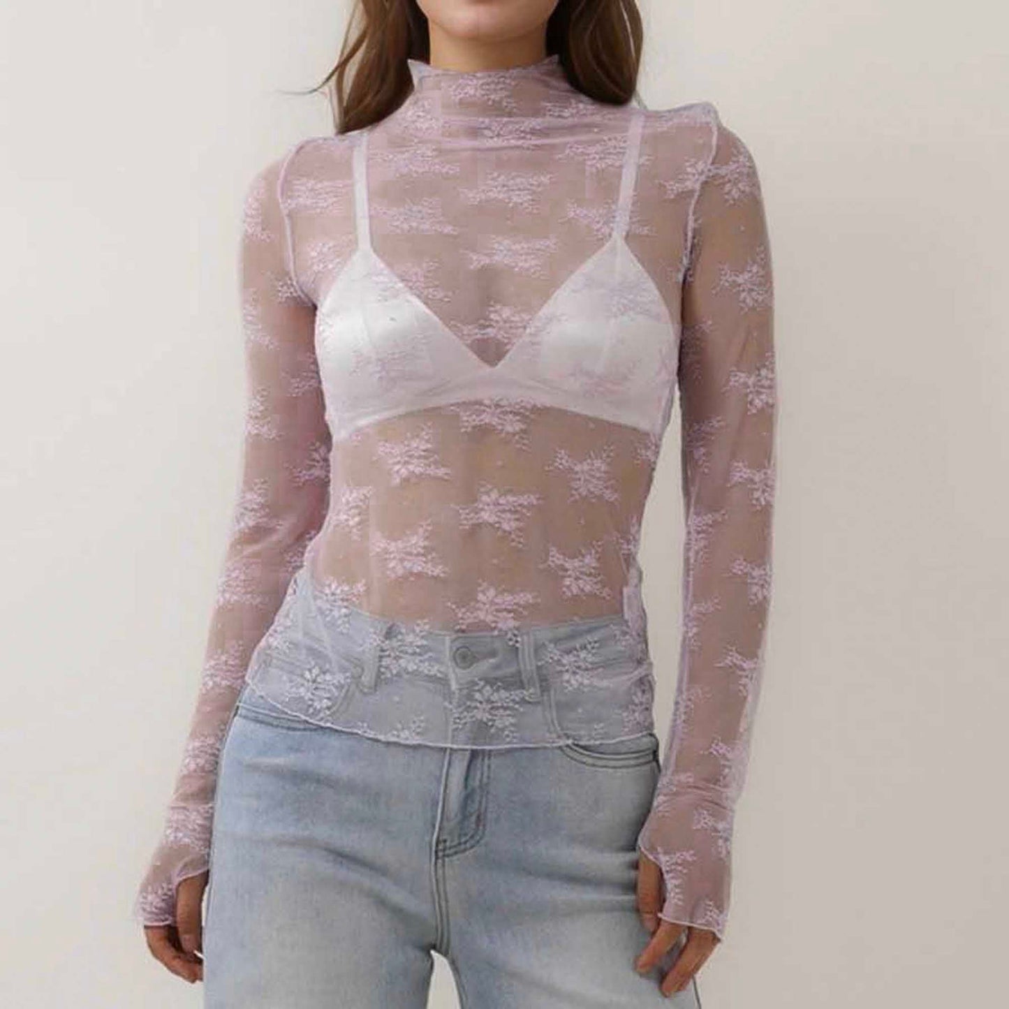 Women's Floral Lace Slim-Fit Top – Sheer Stretch Tee with Baby Overlock Edge Cherie Code
