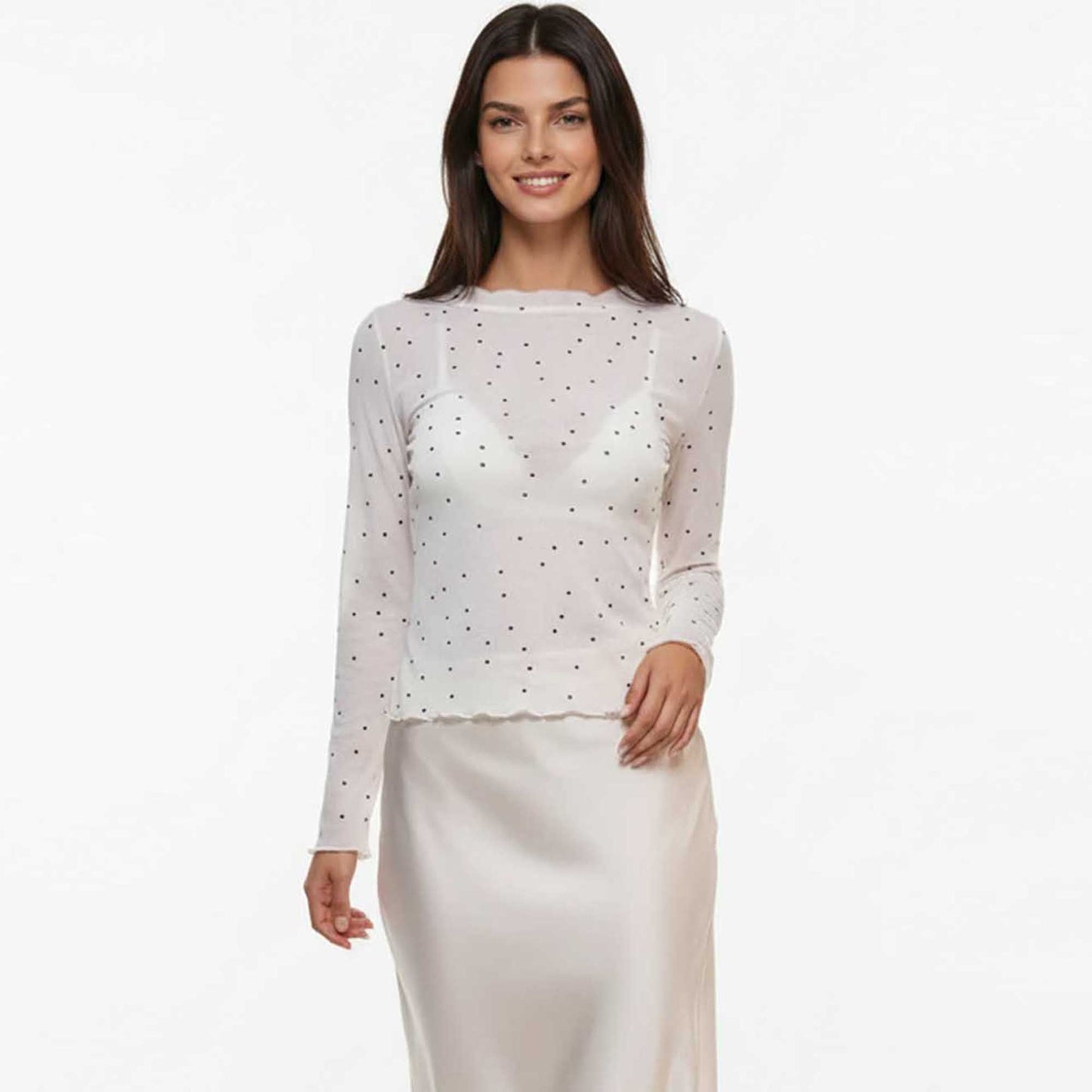 Cherie Code Women's Mesh Dot Print Top – Slim Long-Sleeve Layer, Stretch
