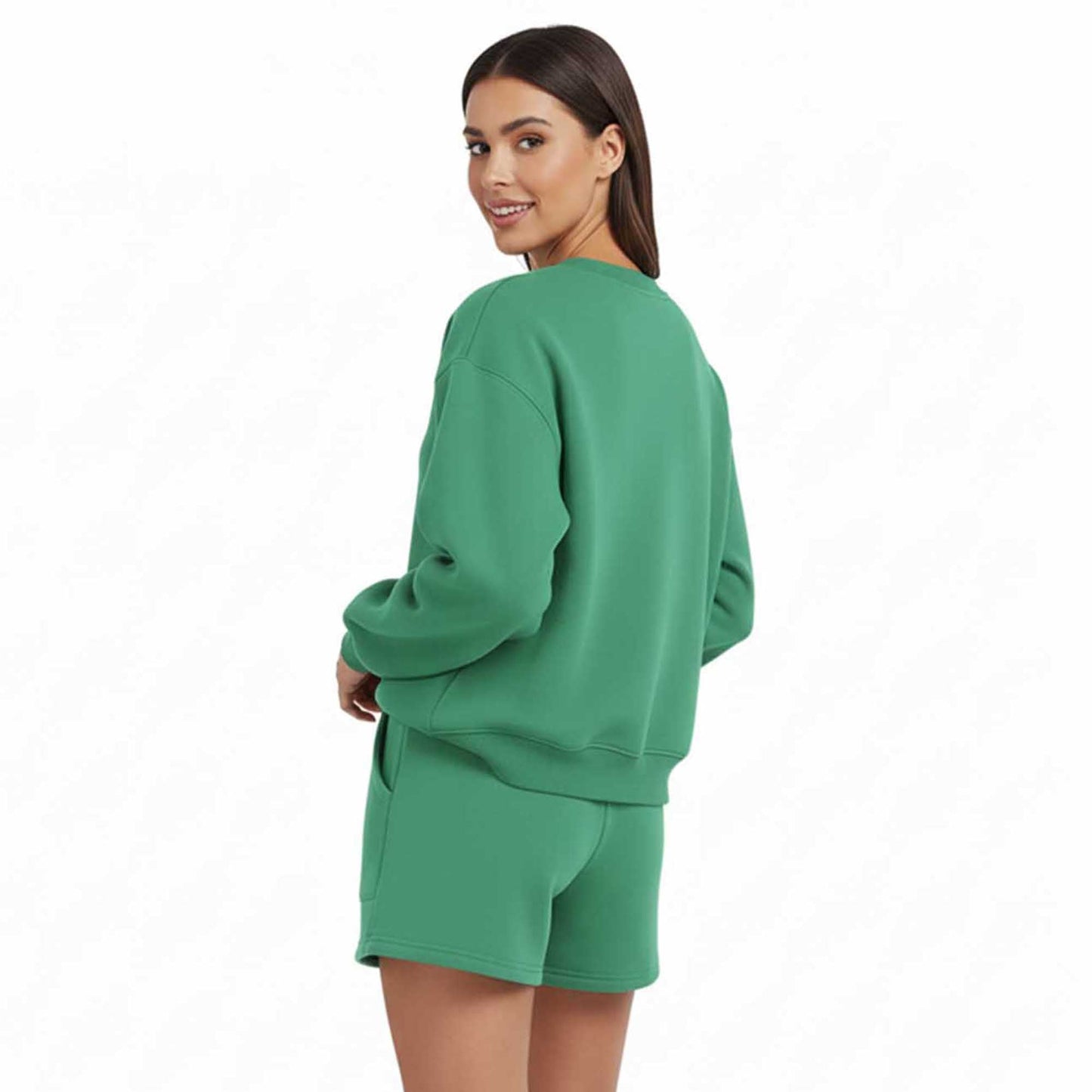 Cherie Code Women's Green Long Sleeve Cotton Sweatshirt and Shorts Set – Casual Fit with Elastic Waist and Pockets