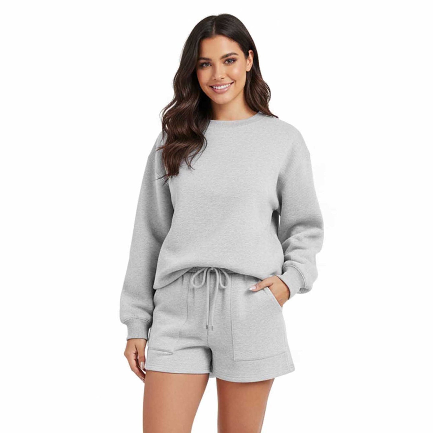 Cherie Code Women's Green Long Sleeve Cotton Sweatshirt and Shorts Set – Casual Fit with Elastic Waist and Pockets