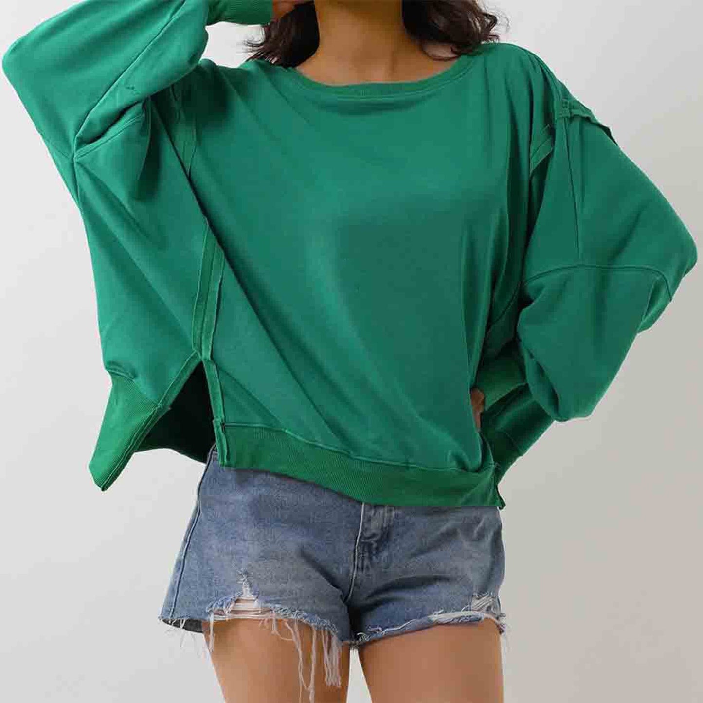 Women's Slouchy Crewneck Sweatshirt - Stretch Polyester Blend with Side Slit Details Cherie Code