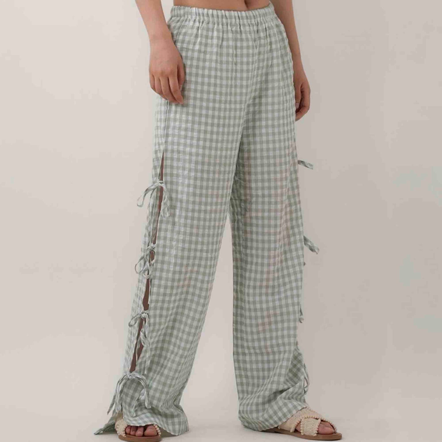 Women Everyday Checked Elastic Waist Side Strape Bowtie Casual Loungewear Pants Cherie Code